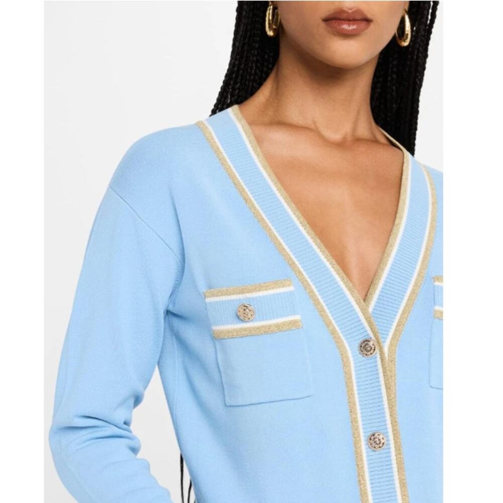 Elie Tahari Fountian Blue Gold Stripe The Kiva Shimmer-Trim Knit Cardigan Size S - Picture 10 of 11